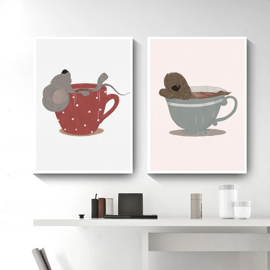 Kawaii Coffee Cup Animal Otter Birdy Swimming Wall Art Canvas Painting Nordic Posters And Prints Wall Pictures Kids Room Decor