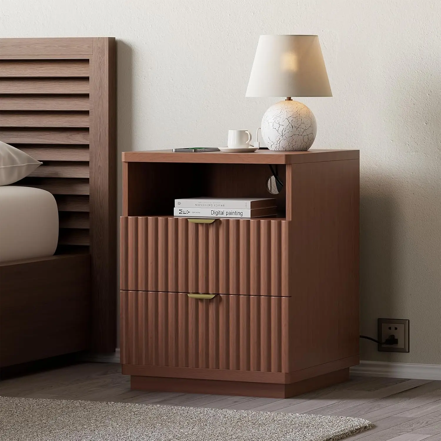 Nightstand Charging Station Open Shelf 2 Drawers USB Ports & Outlets Bedroom Side Table Small End Table, Customized