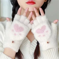 1 Pair Cute Cat Claws Women Girls Lovely Warm Fingerless Gloves Winterproof Thicken Fluffy Half Finger Mittens Christmas Gift