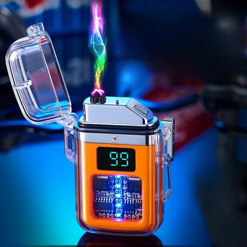 

Dual Plasma Arc IP56 Waterproof Lighter Windproof Transparent Body Power Display Tactical EDC Outdoor Survival Gear Men's Gift