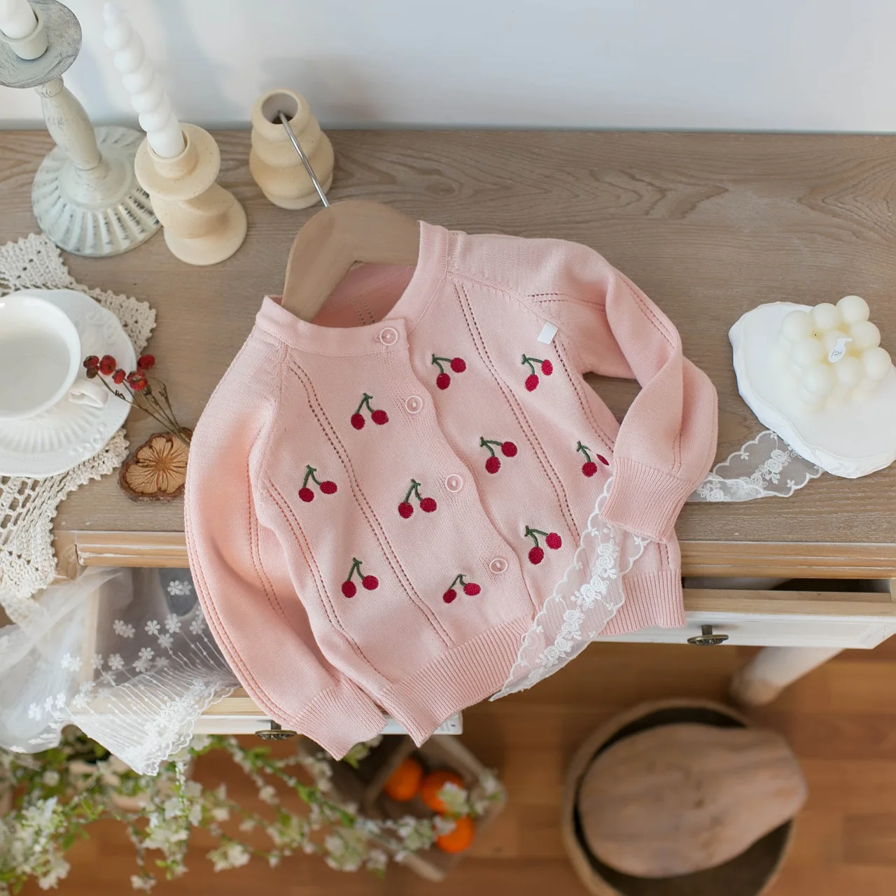 Baby Girls Spring Thin Soft Sweater Outerwear Cherry‑Embroidery Knit Cardigan Baby Kids Layering Top