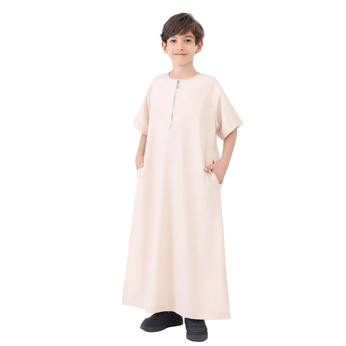 소년 Jubba Thobe 키즈 드레스 Eid 이슬람 긴 가운 지퍼 짧은 소매 2025 라마단 어린이 사우디 착용 Abaya Caftan 두바이 아랍