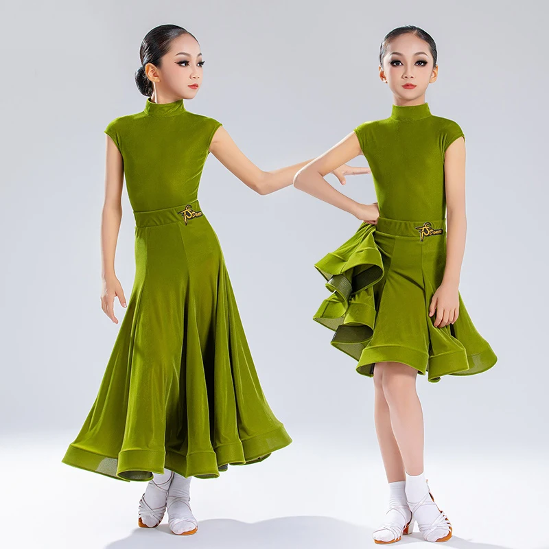 

Latin Dance Modern Dance Performance Dress Girls Green Sleeveless Big Swing Split Suit Chacha Ballroom Dance Kid Clothes DN20631