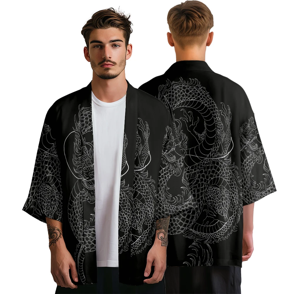 Summer Kimono Men Hawaiian Shirt Beach Cardigan Dragon Kimono Streetwear Women Yukata Japanese Clothes Bathrobes Simple Haori