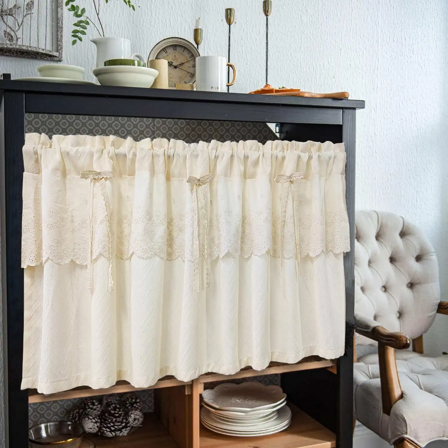 Beige durchscheinender Jacquard-Kurzvorhang, bestickte Spitze, Schleife, halber Vorhang für Mädchenzimmer, Schlafzimmer, Esszimmer, Café-Dekoration