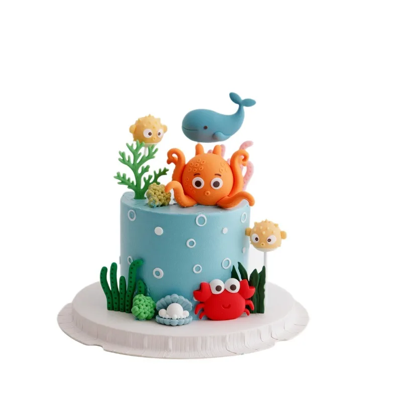Image of Tortenaufsätze unter dem Meer, orangefarbener Oktopus, Delfin, Krabbe, Agouti für Jungen und Mädchen, alles Gute zum Geburtstag, Babyparty, Marine-Themendekorationen