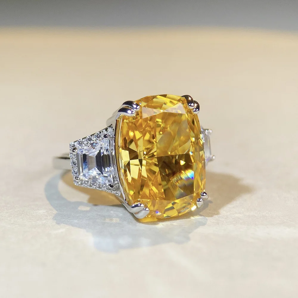 

S925 sterling silver large rock sugar diamond ring 12X16 yellow diamond ice flower cut women's luxury wedding ring