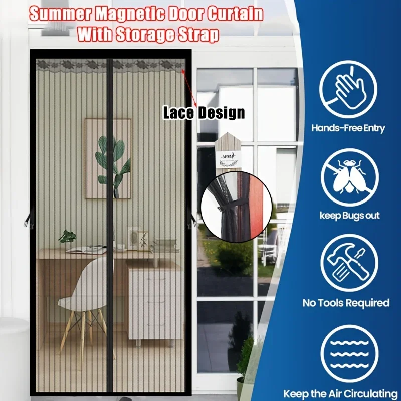 Magnetic Door Curtain with Magnetic Strip, Mosquito-Proof Mesh Screen, Handmade Magnetic Insect-Repellent Curtain for Kitchen