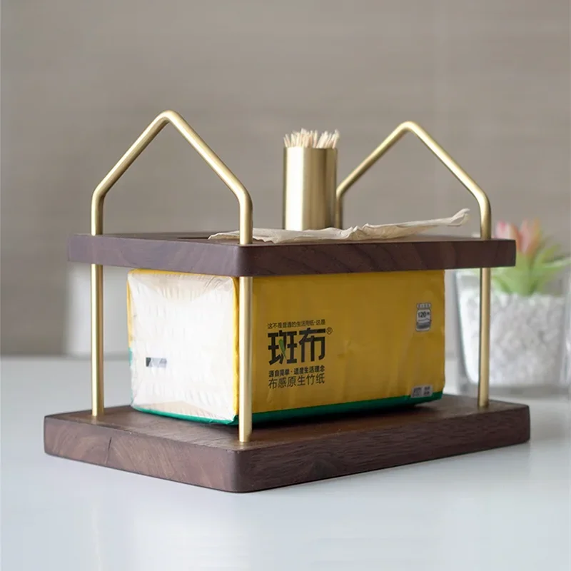 Brass Solid Wood Napkin Holder Double-layer Paper Holders Tissue Box Toothpick Boxes Towel Stand