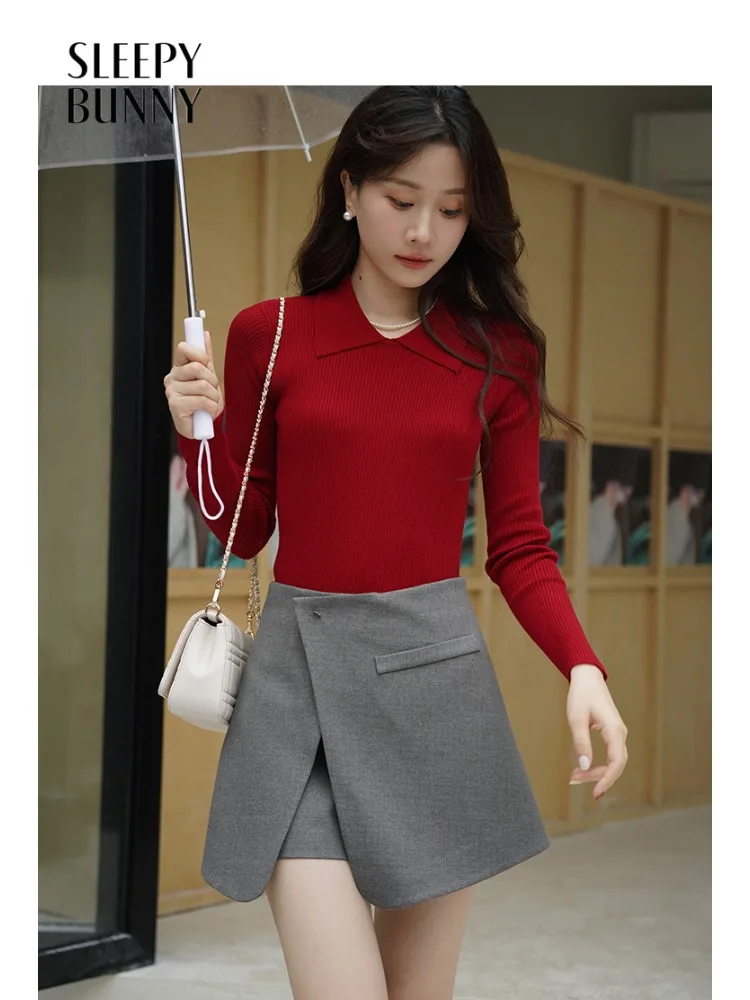 

Elegant Slim Fit Knit Top Vintage Lapel Ribbed Sweater Warm Long Sleeve Stretch Pullover for Women Winter Casual Office Wear