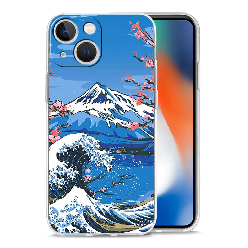 Luksusowe etui na telefon dla iPhone 15 14 13 12 11 Pro Max XS X XR 7 8 Plus przezroczysta, odporna na wstrząsy obudowa Golden Great Wave Kanagawa