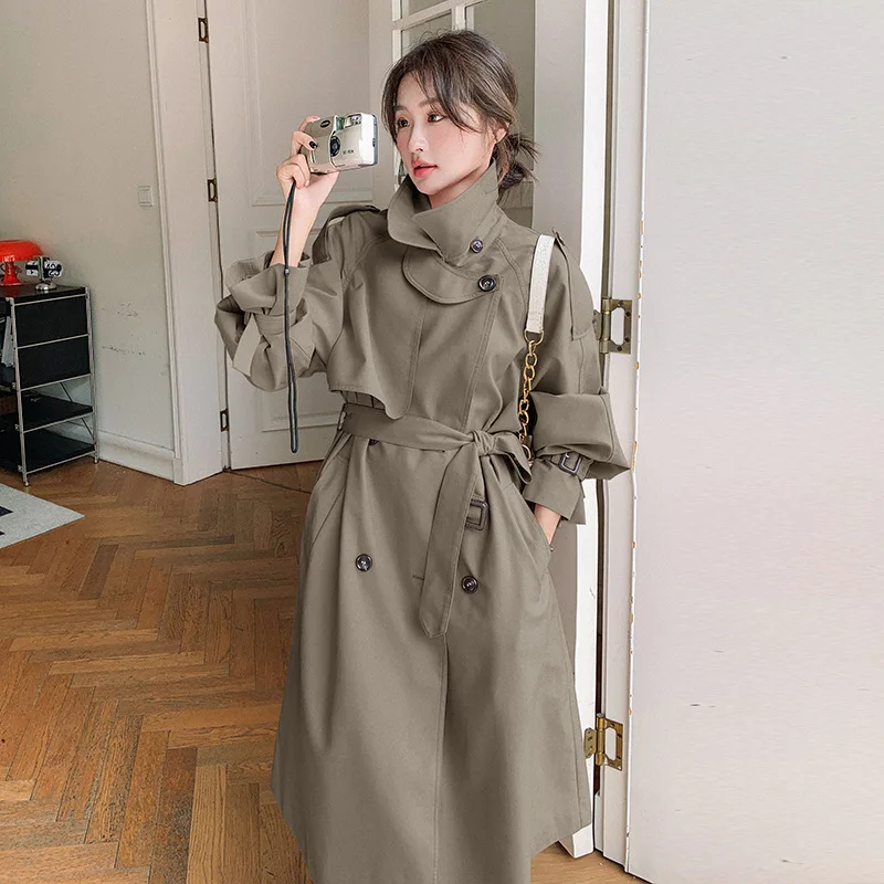 

Casual Trench Coat For Women Solid Color Lapel Double Breasted Loose Fashion Long Windbreaker 2023 Spring New Autumn