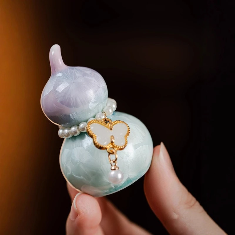 Elegant Unique Ceramic Gourds Hanging Car Ornaments Tea Pets with Reactive Kiln Glaze Miniatures for Women Home Office Car Decor