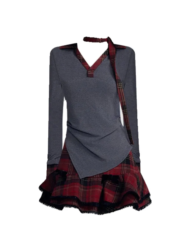 

High Quality Fashion Outfits 2 Piece Skirt Set Preppy Style Grey V-Neck Tops + Gyaru Classical Plaid Skirt 2000s Aesthetic Sexy