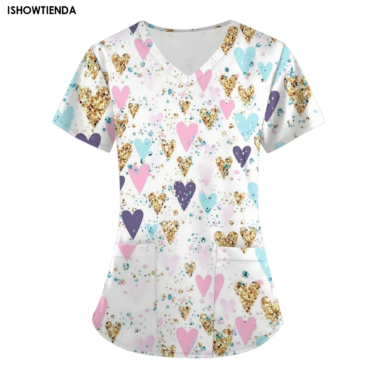 Women Working Uniform Valentine Day Femme Blouse Nurse work wear Medical Uniforms Heart Print Cartoon Short Sleeve V-neck Tops