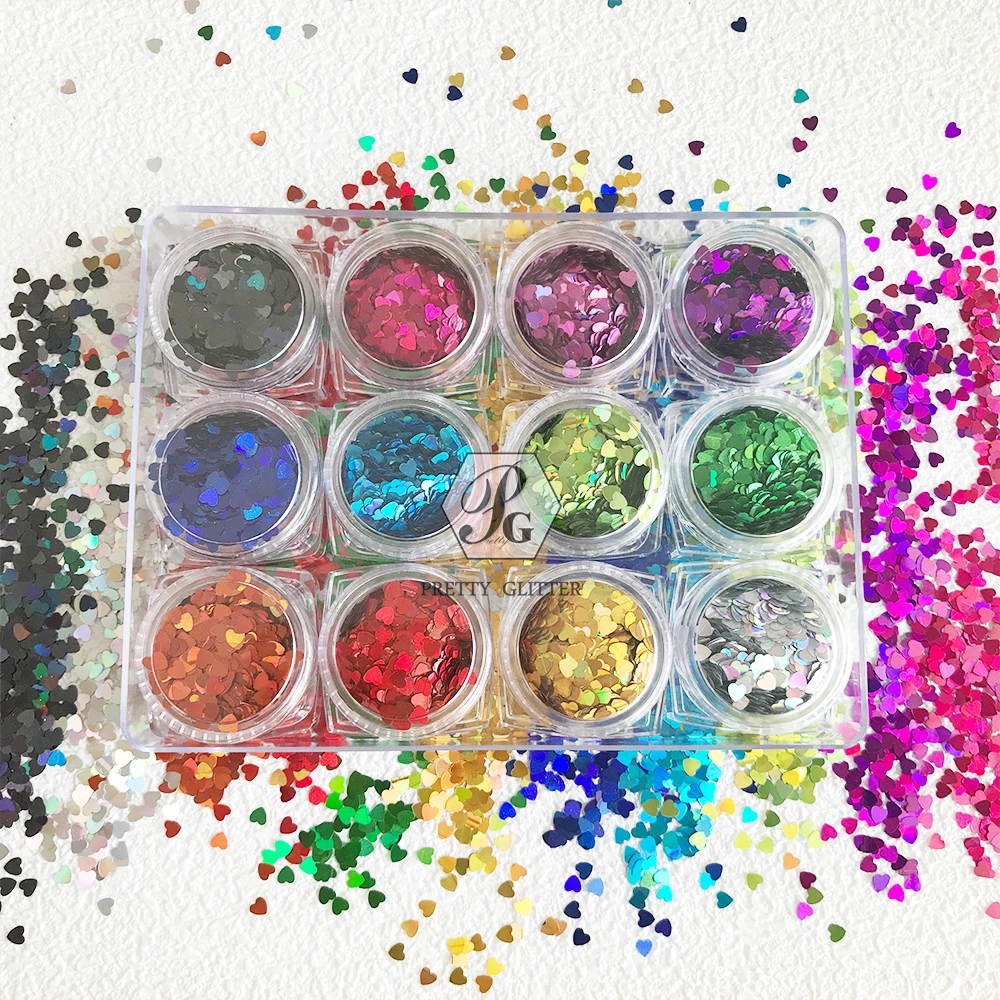 

PrettyG 1 Set 12Color Box 3MM Love Hearts Sequin Glitter Valentine's Day Holographic Glitter For Resin DIY Nail Art Decoration