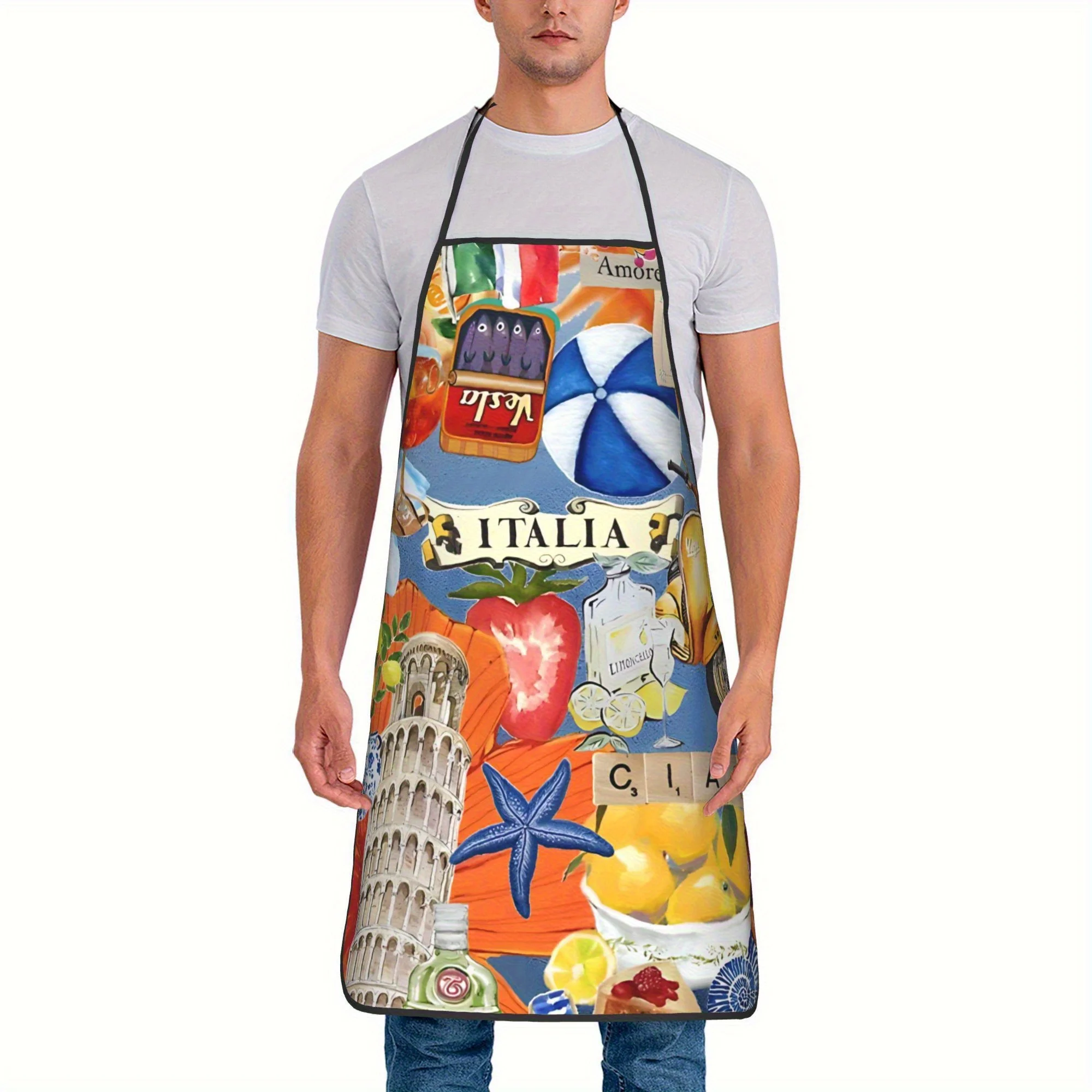 Themed Apron for Men & Women Chef Apron with Vibrant Italian Symbols Cooking, Baking, Painting, Gardening