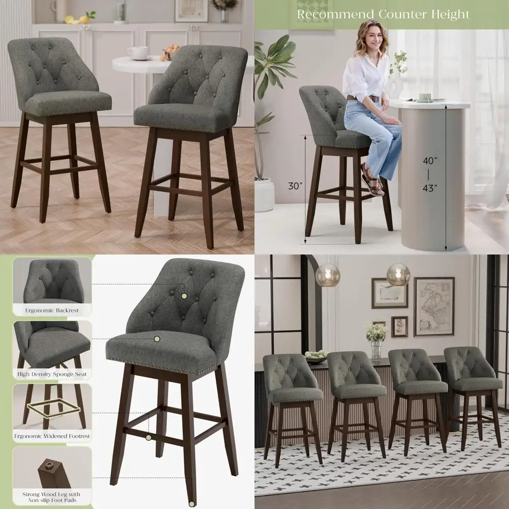 

"Contemporary Swivel Bar Stools with Tufted Backrest, 30-Inch High Upholstered Seat, Wooden Legs, Pair in Grey Fabric"