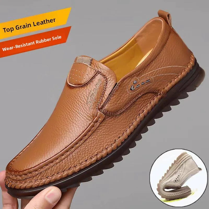 Men's Casual Leather Shoes Spring New Style Layered Cowhide Slip-On Soft Bottom Thick Heel Daily Wear Comfortable Breathable