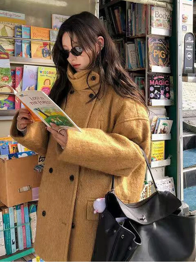 

Корейское женское шерстяное пальто в стиле ретро, цвет сахарного каштана, двухрядные пуговицы, свободное шерстяное пальто на осень-зиму