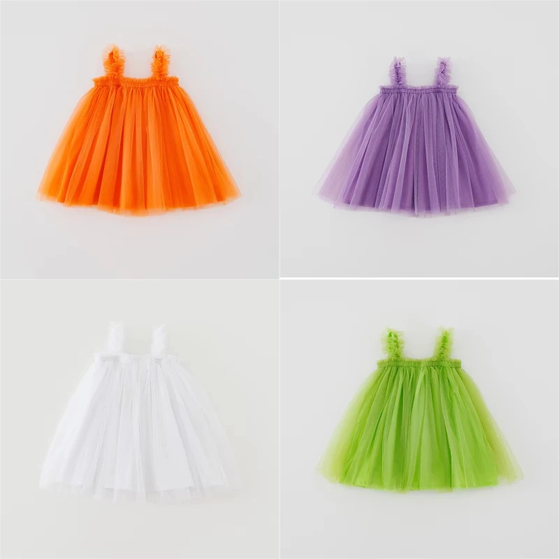 Solid Color Baby Girls Sling Dress Summer New Puffy Mesh Princess Dress Soft Tulle Fashion Children Orange Dress 1-5T