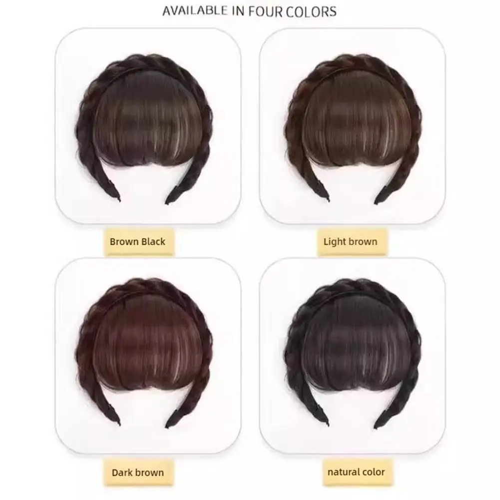 Natural Brown Synthetic Hair Band With Bangs Wig Women Fishbone Braids Bangs Wig Twist Braids Elegant Hair Accessories