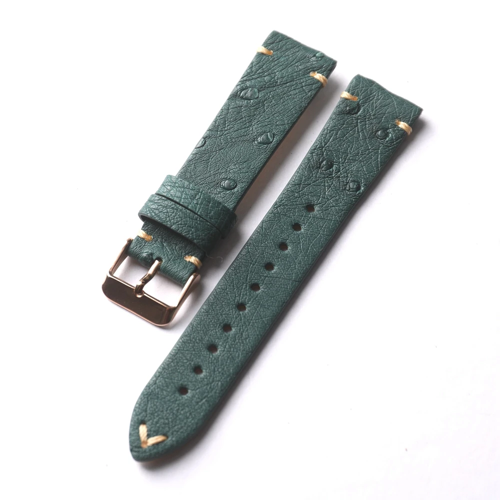 Handmade Ultra-Thin Genuine Leather Strap Ostrich Leather 20MM 18MM 22MM Green Soft Bracelet, Vintage Style