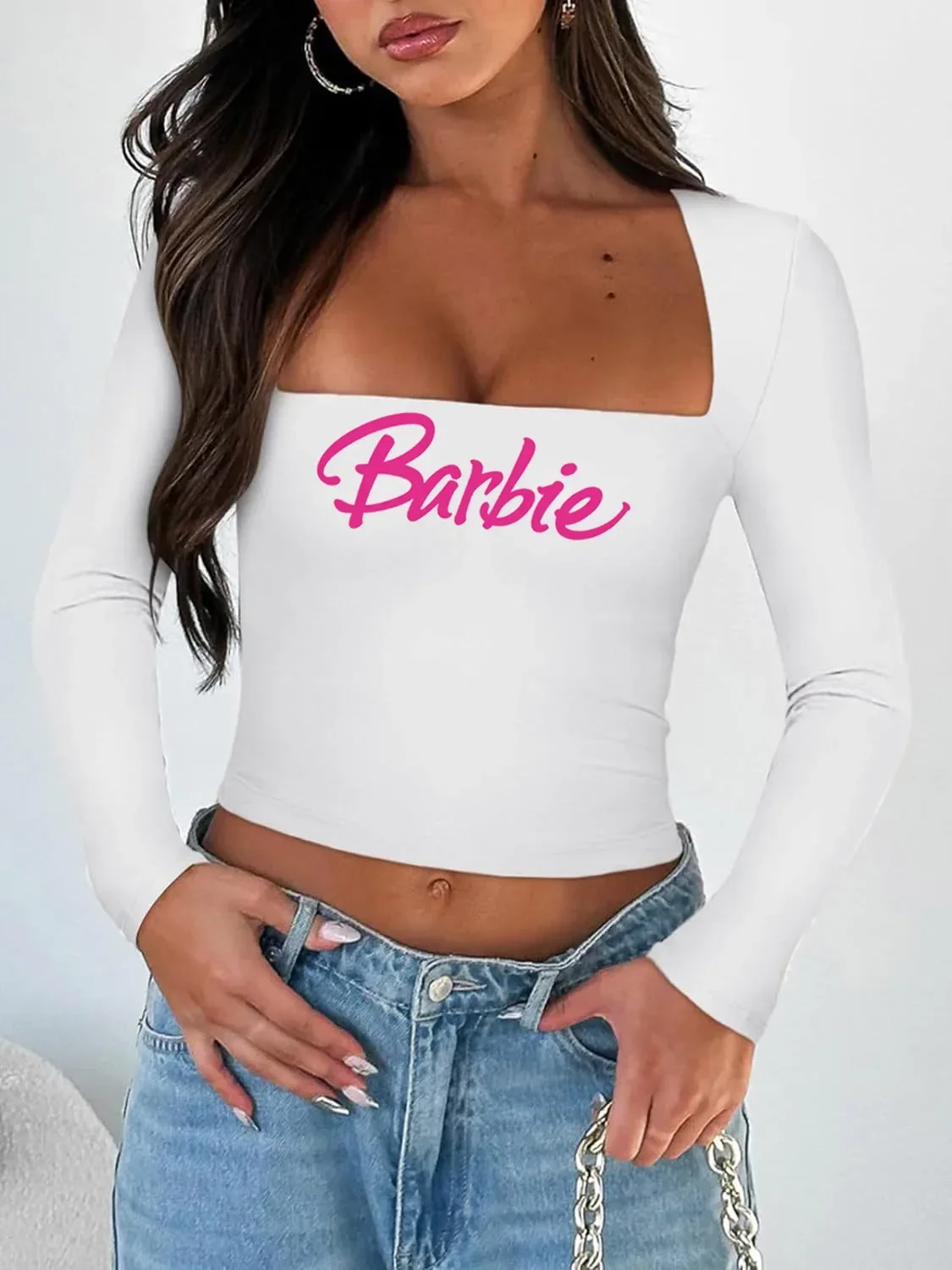 Barbie Long-sleeved Solid Color Navel-baring Square Neck T-shirt Top Anime Kawaii Short Tight Sexy Inner Wear Girl Gifts