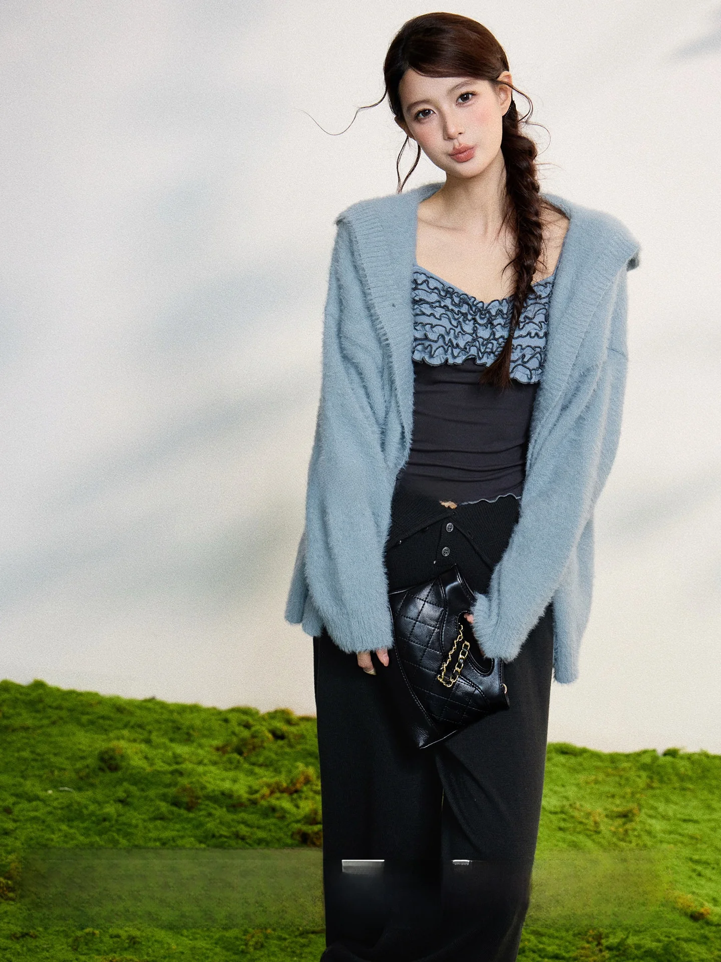 

Мягкий синий вязаный кардиган с капюшоном для женщин: новинка весенней коллекции, свободный крой, повседневный, универсальный, комфортный, дышащий, легко носить