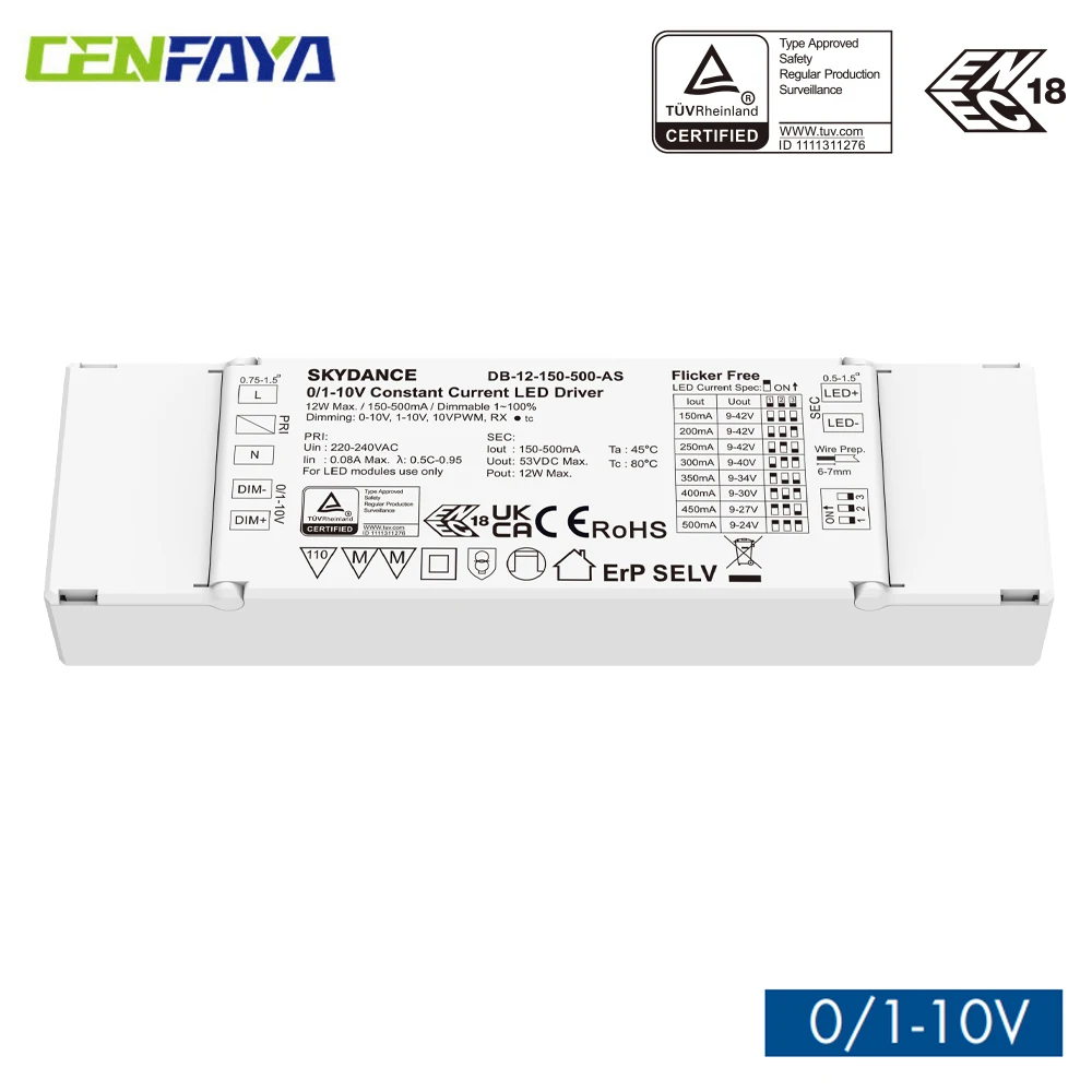 0/1-10V Constant Current Dimmable LED Driver 10V 0-10V 1-10V PWM Resistor Dimming NO Flicker Configurable Current Via DIP Switch