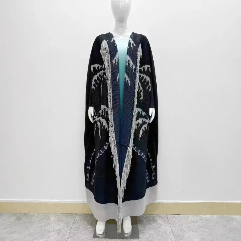 KAF Women Fashion Abaya Pleated Vintage Printed Cardigan Tassel Design Lapel Long Sleeve Loose Large Size Female Abaya