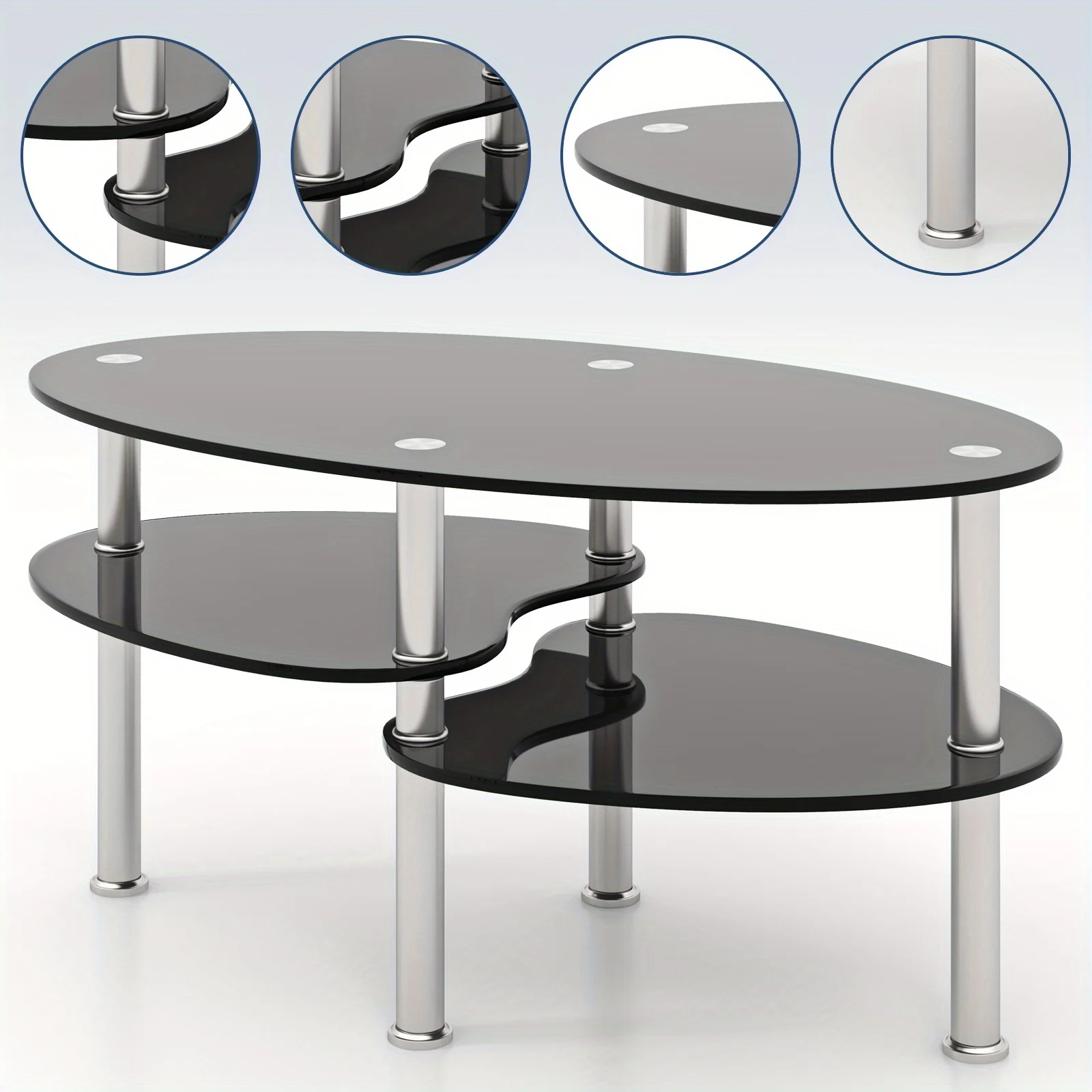 

Трехуровневый овальный журнальный столик из закаленного стекла с прочной металлической рамой, высококачественный и термостойкий, с открытыми полками