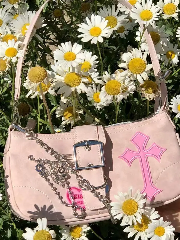 Y2K Süße Kühlen frauen Unterarm Tasche Heiße Mädchen Rosa Schulter Taschen Messenger Tasche Retro Design Weiblichen Kette Geldbörse Achselhöhle handtaschen