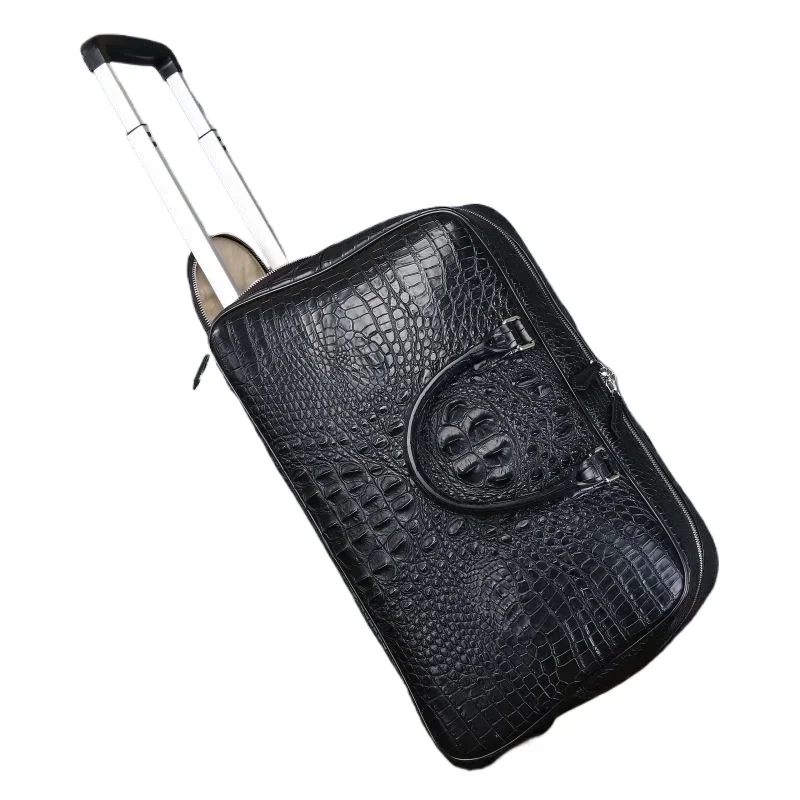 

New Fashion Men's Travel Bags Crocodile Pattern Cow Genuine Leather Handbags Men Shoulder Messenger Luggage DrawbarsTrolley Bag