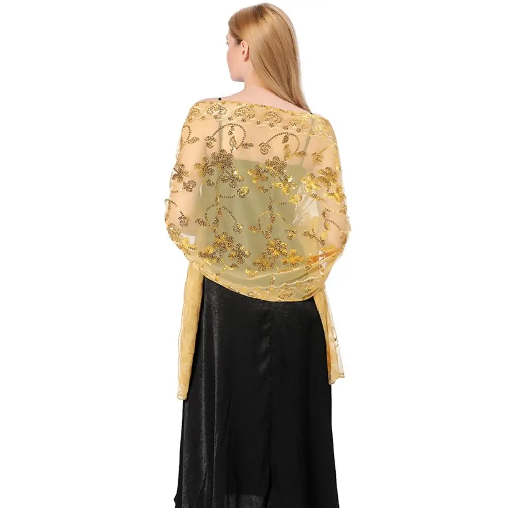 

Party Sheer Embroidery Sequins Shawls Hollow Out Tulle Tassel Wrap Dance Accessories Multicolor Belly Dancing Scarf for Girl