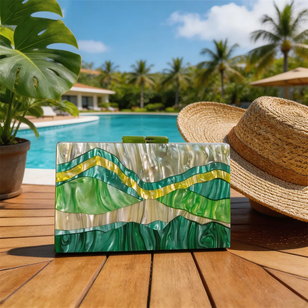 

New Designer Multi Color Shell Acrylic Clutch Purse Marble Green Bags Luxury Women Evening Bag Elegant Flap Cute Blue Handbags