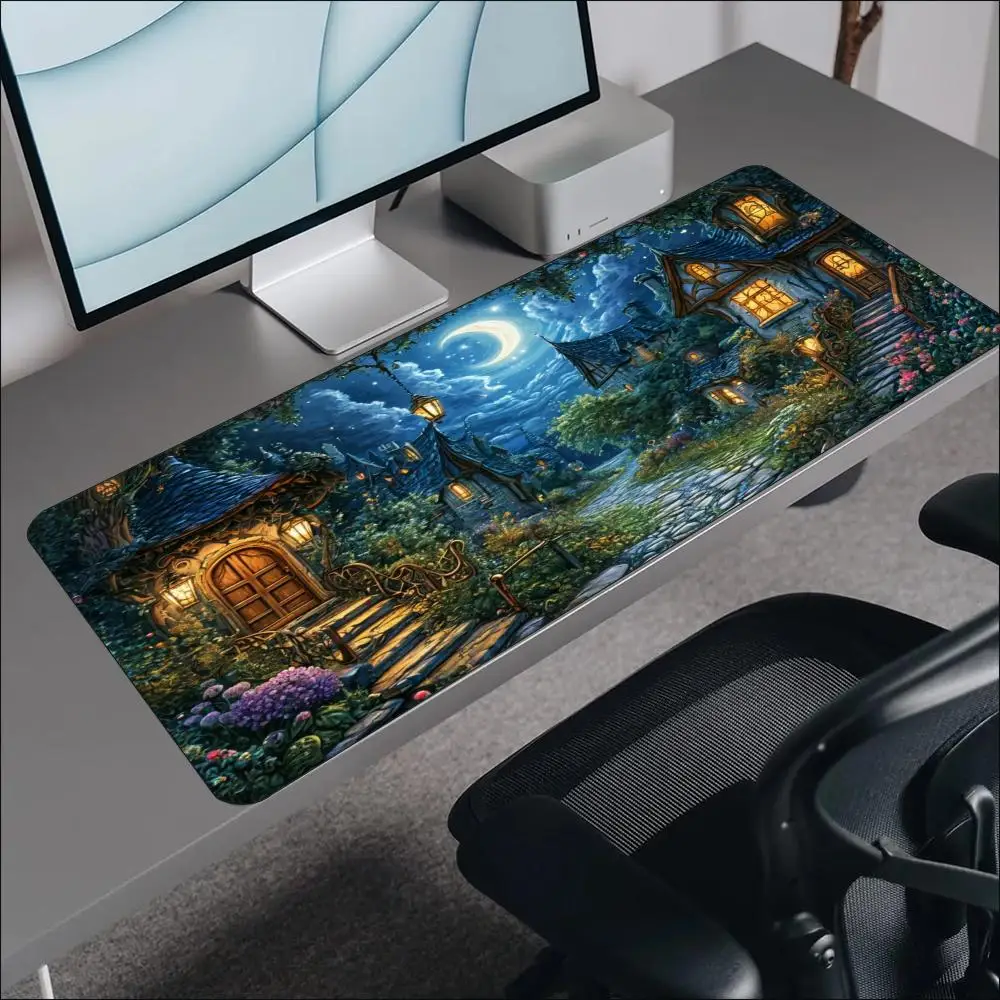Fairy Tale Cottage Moonlight Bridge XXL Mouse Pad Non Slip Rubber Base HD Print Large Desk Mat for Dreamy Fairy Tale Desk