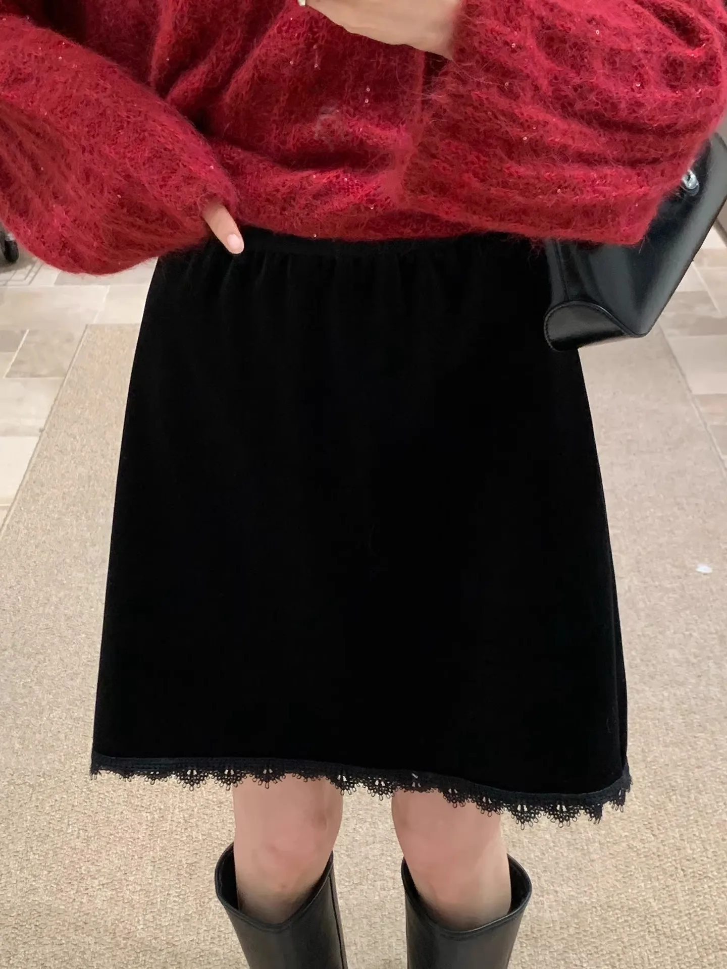 

Корейская женская юбка миди с высокой талией, на флисовой подкладке, с бархатной отделкой и кружевом, для повседневной носки, для работы и свиданий, скрывающая бедра (форма фигуры «груша»)