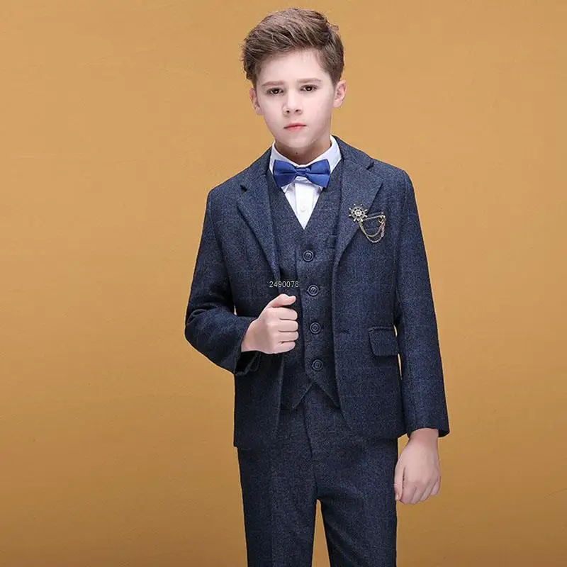 Boys Wine Red Wedding Suit Kids Jakcet Vest Pants Birthday Party Suit Children Photograph Dress Child Performance Show Costume