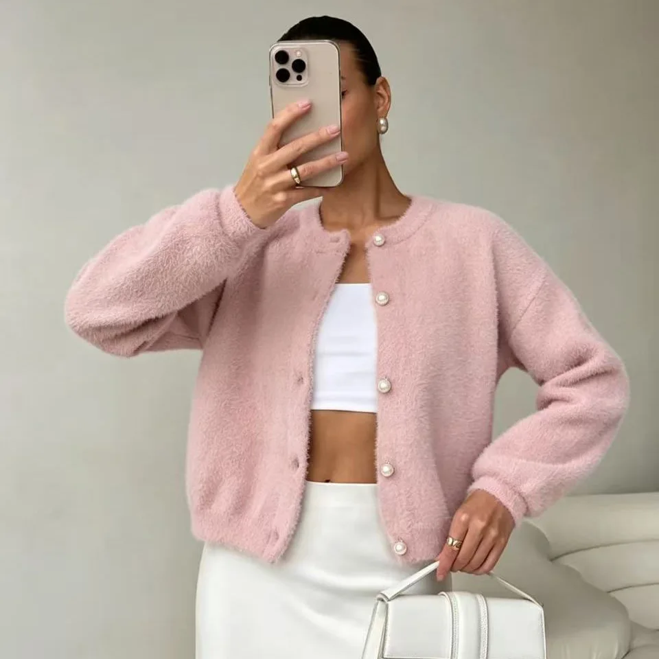 Elegant Pearl Button Knitted Short Cardigan Women's Style Lazy Fashion Sweater Jacket Loose Fit Long Sleeve Pure Color Polyes...