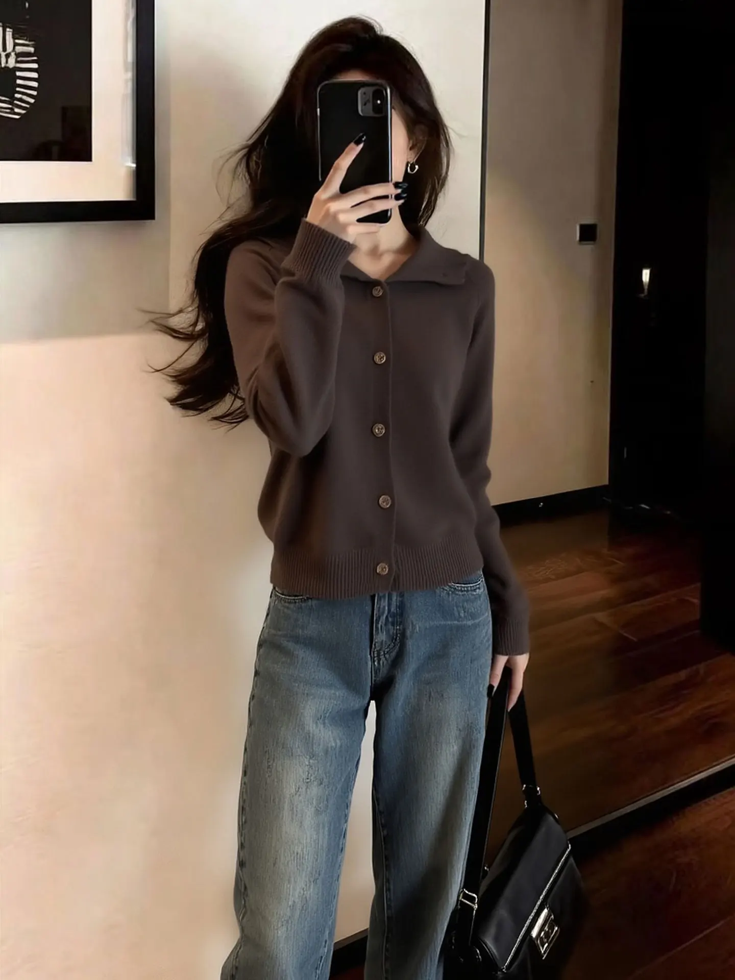 

Женский вязаный кардиган Ele с длинными рукавами и воротником, комфортный, весна 2026, европейский бренд, однотонный, открытый фасон