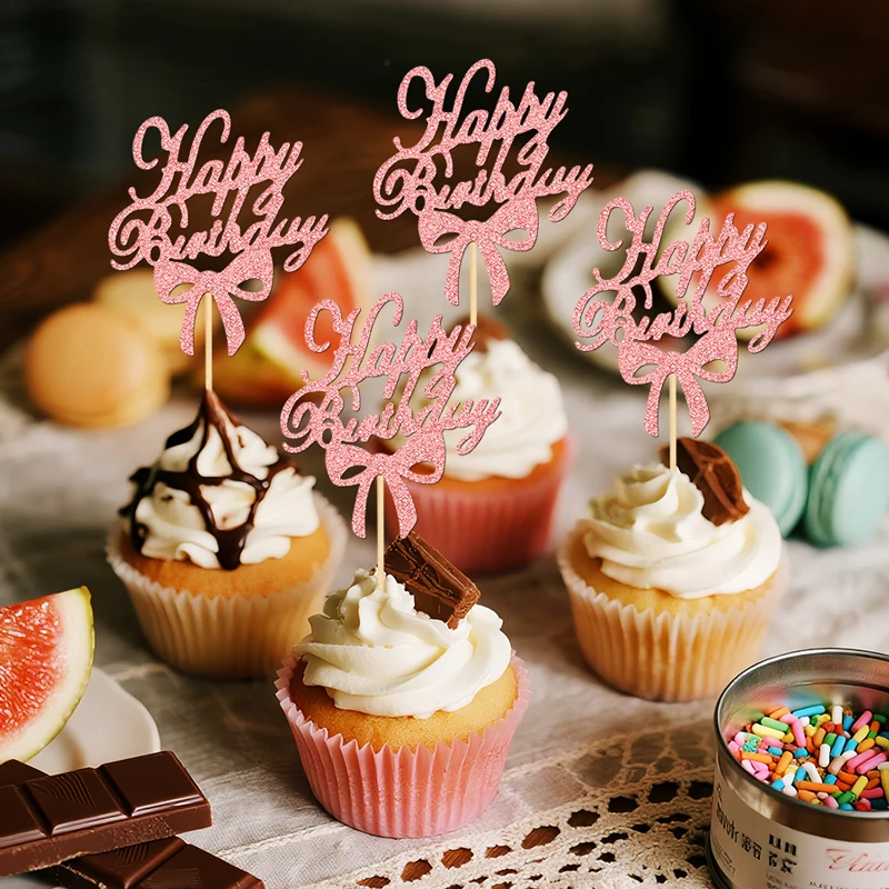 YOMDID 24 Stück Cupcake-Topper mit Schleife und Schriftzug „Happy Birthday“, Kuchenaufsätze für Hochzeit, Geburtstag, Dekorationen, Decoracion Cumpleaños – Detail 10