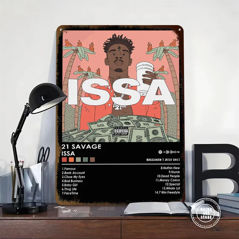 21 Savage Issa Album Poster Customized Vintage Metal Signs Wall Art Retro Tin Plaque for Room Decoration Garage Decorations Home