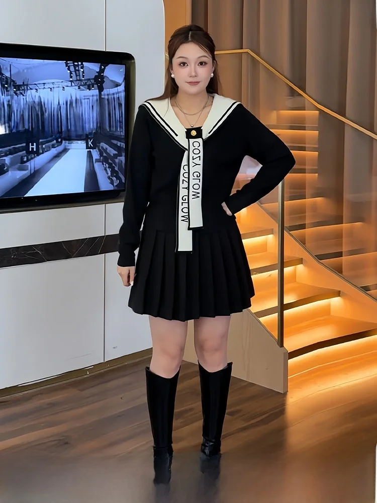 

Large Size Knitted Sweater Top Navy Collar Skirt Set Korean Sle Loose Fit High Waist A-Line Skirt Long Sve Autumn Faion