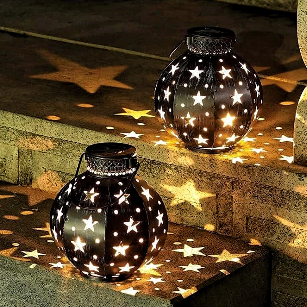 Outdoor Solar Lantern Hanging Garden Decorative Lights Star Projector Light Waterproof Metal LED Table Lamp Christmas Decor