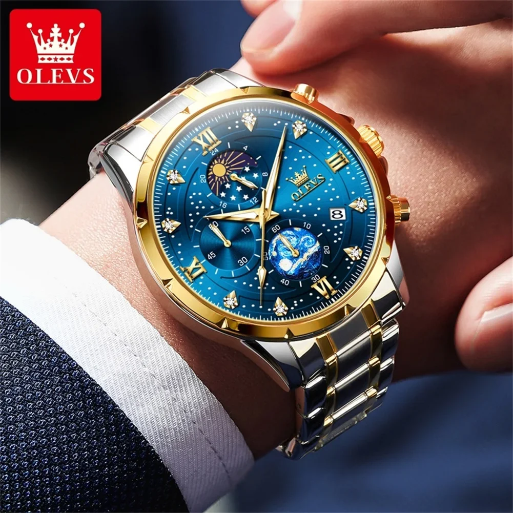 Olevs 9807 relógios masculinos relógio de quartzo original para homem multifuncion cronógrafo aço inoxidável à prova dwaterproof água luminosa reloj hombre