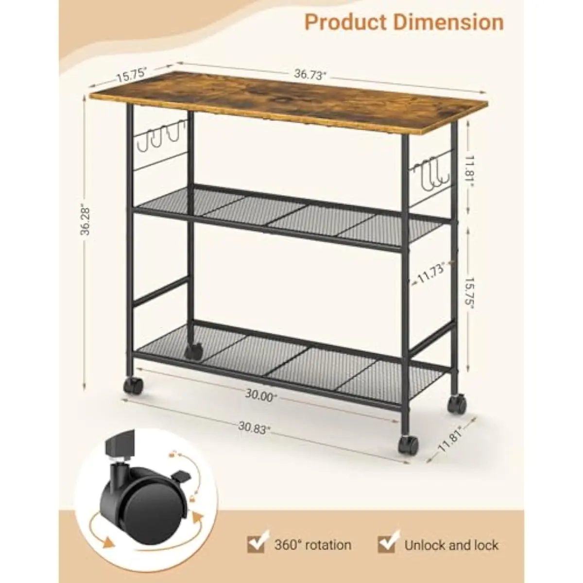Mobile Kitchen Island Cart with 3-Tier Step Shelving Wood-Metal Construction 6 S-Hooks Locking Casters Adjustable Feet for Micro
