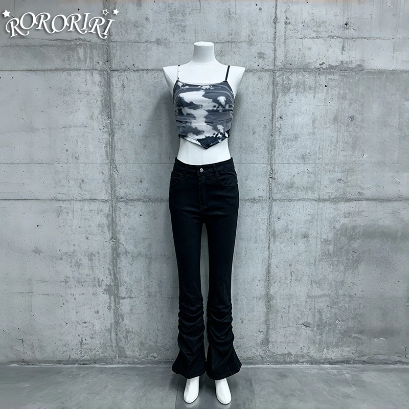 RORORIRI Rokku Gyaru Flare Jeans Alternative High Rise Shirring Do Old Slim Fit Denim Bell Bottoms Grunge Retro Acubi Fashion