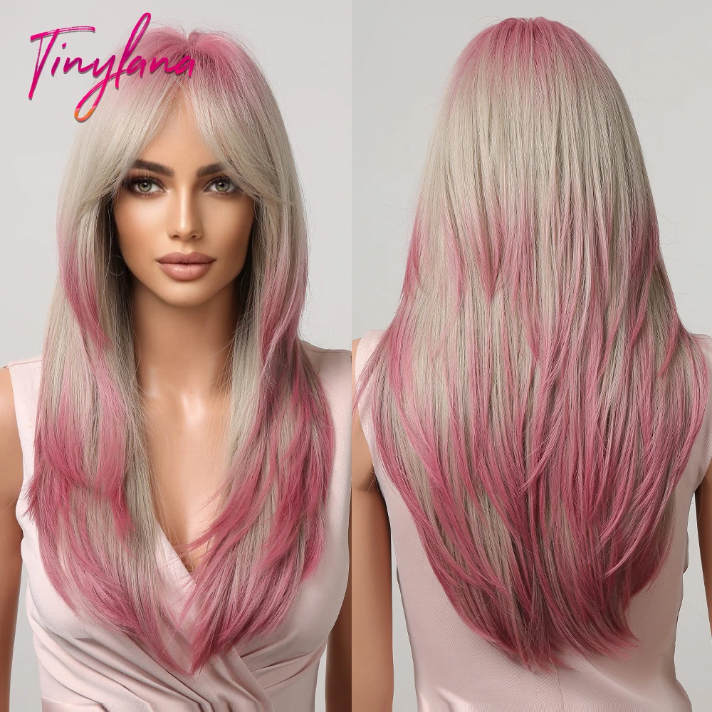 Gray Ash Blonde Pink Highlight Synthetic Hair Wigs with Bangs Long Straight Ombre Cosplay Wig for Women Natural Layered Hair