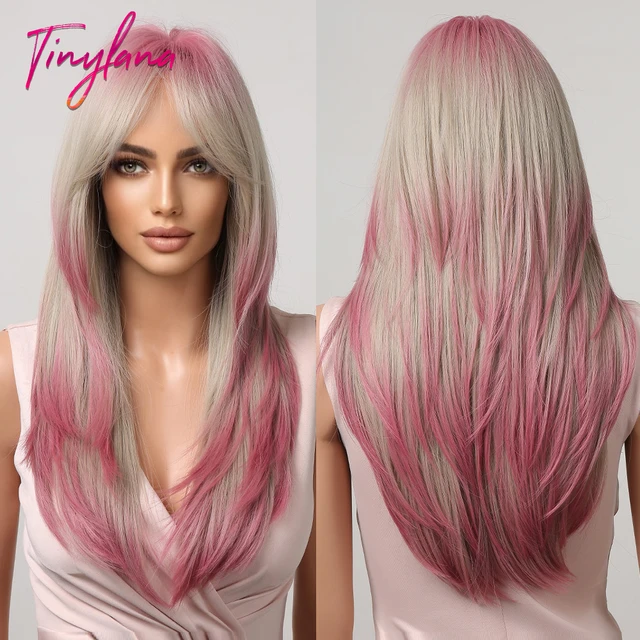 Synthetic Wigs Bangs Long Straight Blonde Wig Pink Highlights Gray Blonde Pink Aliexpress